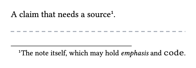 The top of a page, one sentence marked with note 1; a dashed cut where the empty page is left out; then the foot, the note set under a rule