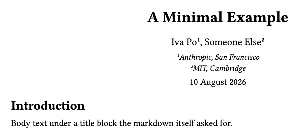 A centred title, two authors marked 1 and 2, their affiliations and the date, then the heading Introduction and a line of body text